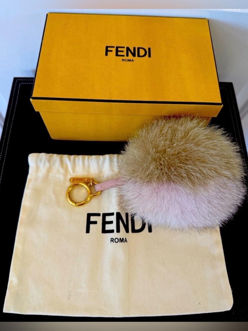 Fendi Pink/Tan 100% Fox Fur Pom-Pom Bag Charm/Key Ring. Gold Hardware. Full Set.
